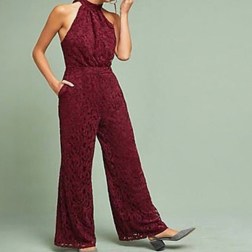 Elegant Burgundy Lace Jumpsuit By ETT:TWA